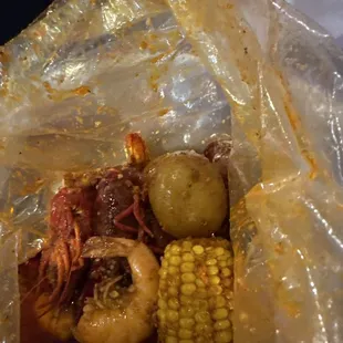 Crawfish boil, with shrimp,corn,potatoes,and egg