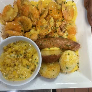 Shrimp, Corn, Potato, Egg and Sausage