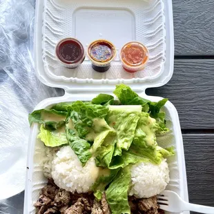 Steak plate with a choice of White Rice and tossed greens with Italian dressing. Sauce: Hibachi,Kbbq &amp; Sweet Chili