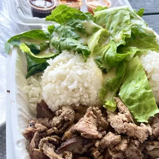 Steak plate with a choice of White Rice and tossed greens with Italian dressing.