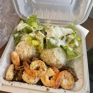 Mixed plate steak and shrimp.