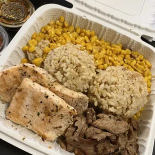 Steak &amp; Salmon Plate with brown rice &amp; corn $15.99