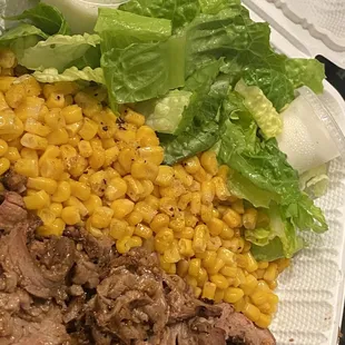 Steak, corn, salad