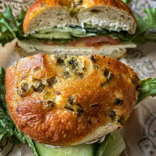 Jalapeño bagel with jalapeño cream cheese - lettuce tomato cucumber