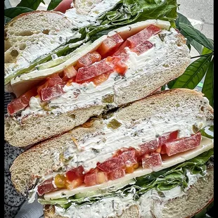 Jalapeño pepperjack bagel with jalapeño cream cheese - lettuce tomato cucumber for freshness