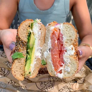 left: Mrs Bulldog (egg &amp; avocado)  right: Lox (smoked salmon, tomatoes, cream cheese &amp; capers)