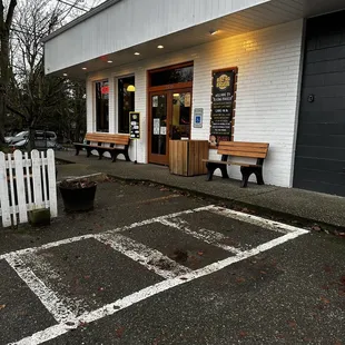 a parking lot in front of a restaurant