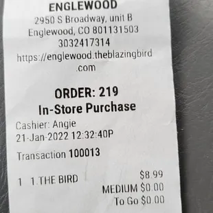 a receipt for the order