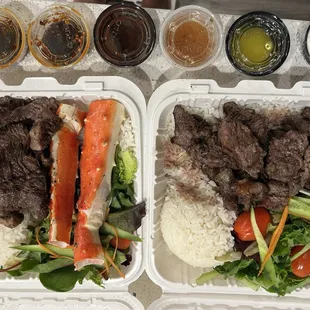 Steak/crab plate and steak plate w/ assorted sauces