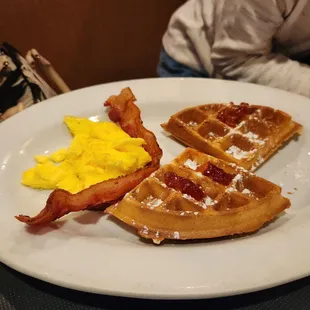 1/2 order Belgium waffles with egg &amp; bacon