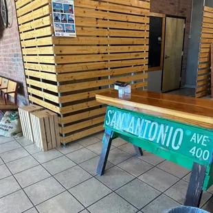 a table with a sign on it