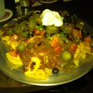 Nachos with chili instead of beef or chicken. Delicious!