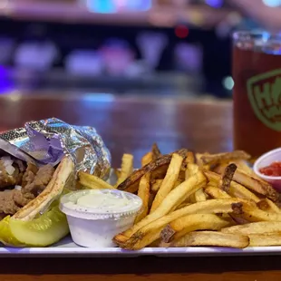 Gyro and fries with an Octoberfest