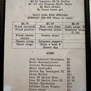 Happy Hour food specials 12/6/23