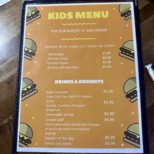 Bleacher's kids menu 12/6/23