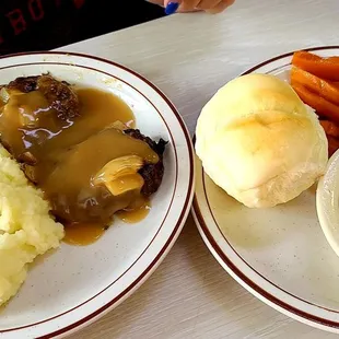 SUNDAY special: hamburger with gravy, mashed potatoes, beans, carrots and a roll $7.50