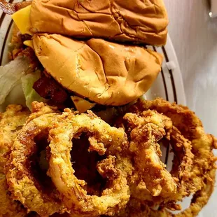 Bacon cheese burger w onion rings