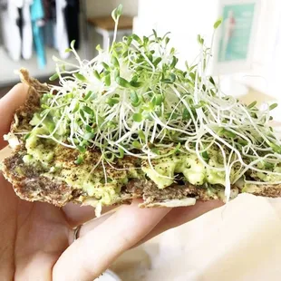 a hand holding a piece of bread with sprouts on it