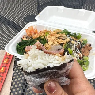 Spam musubi, grilled chicken with noodles and toppings