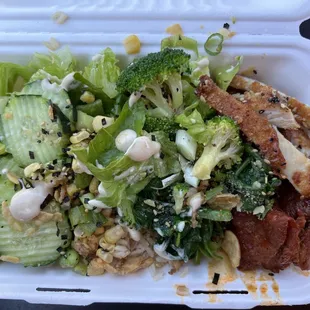 Half panko chicken, half tocino bowl
