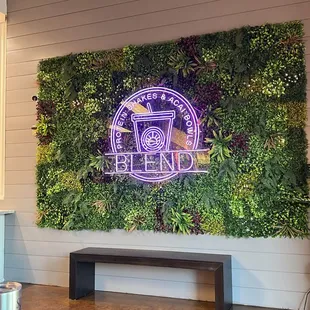a wall of plants with a blender in front of it