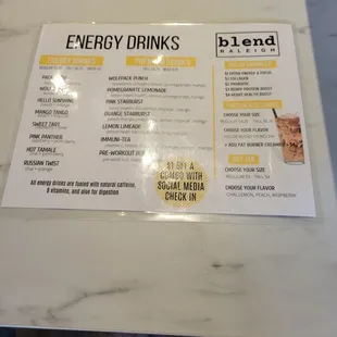 Energy drink menu