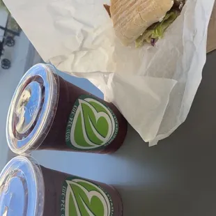 Gyro panini and blueberry muffins and purple hornet smoothie