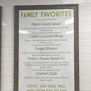 a menu for a family favorite
