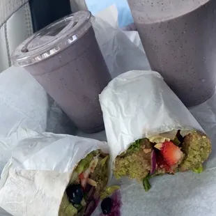 Falafel wrap and 2 blueberry muffin smoothies because I&apos;m addicted