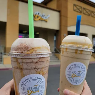 Cinnamon Roll Shake on the left and Butterscotch Shake on right. Both are gluten free.