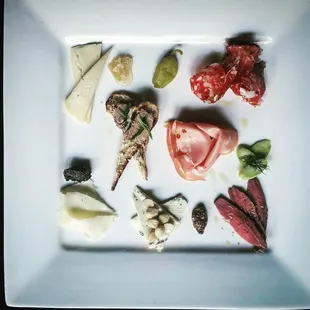 a plate of food including meat, cheese, and olives