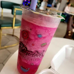 Dragonfruit + pineapple slush with lychee pop $7.25