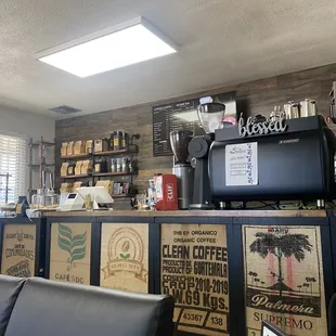 Front counter and picture taken from one of the chairs you can relax while you wait for your coffee.