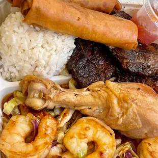 Kalbi and Mongolian stir fried garlic shrimp w/ side chicken adobo