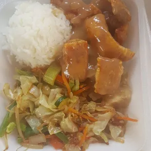 MONGOLIAN BBQ Chicken combo Roast pork with crispy skin, Lechon style.