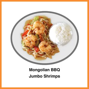 This is  our Shrimp Mongolian bbq,  one of our 3 choices of meat ; chicken breast,  and top sirloin beef.