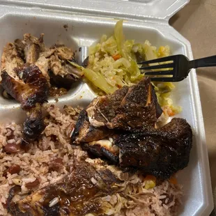 Jerk Chicken, Rice &amp; Peas, Cabbage