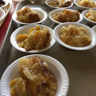 Peach cobbler on the lunch buffet