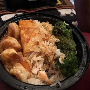 Salmon bowl (already started eating it LOL) comes with shrimp, rice and broccoli. Delish.