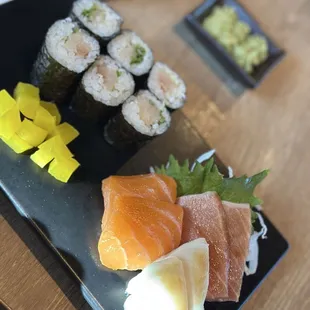 Negi hamachi roll, salmon, escolar &amp; otoro tuna sashimi