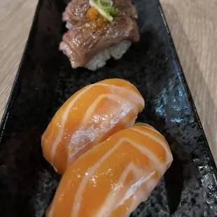 Sake toro nigiri and seared Japanese wagyu nigiri