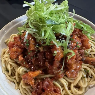 Fried Crab Cake Salmon Garlic Noodles