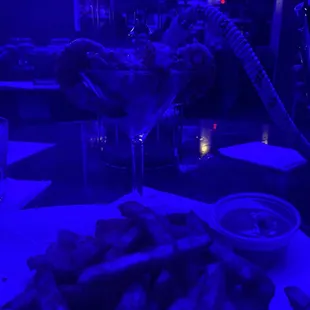 Twice cooked Jumbo Shrimp Cocktail, fries and Hookah