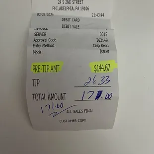 Total that includes gratuity from the other receipt noted as pre-tip amount + the tip I noted and here it was already included. Hmm