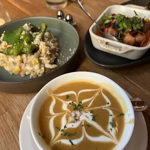 Lobster bisque, risotto, and dates