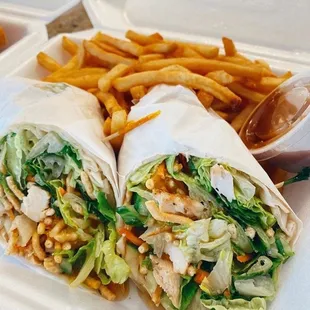 a chicken wrap and french fries