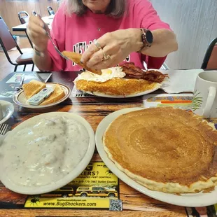 Biscuits and sausage gravy, and a huge pancake