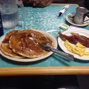 pancakes, bacon and eggs