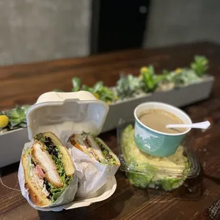 Chicken Katsu Sandwich and Wild Mushroom Soup &amp; Caesar Salad