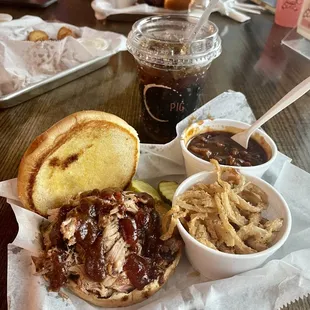 Pulled Pork and Onion Straws (with Bourbon Baked Beans).